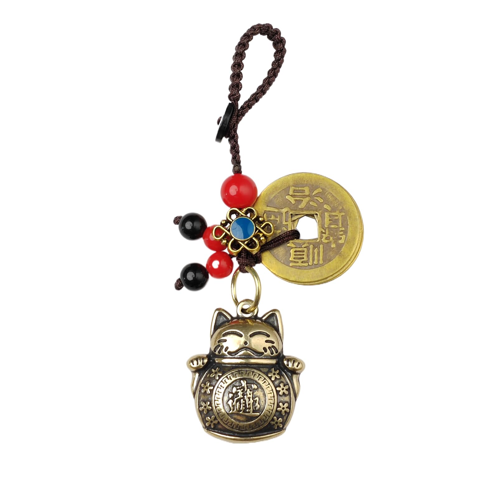 FAZOVINVintage Brass Maneki Neko Lucky Cat Keychain with 5 Chinese Feng Shui Coins for Wealth Good Luck Key Ring Lucky Charm Tassel