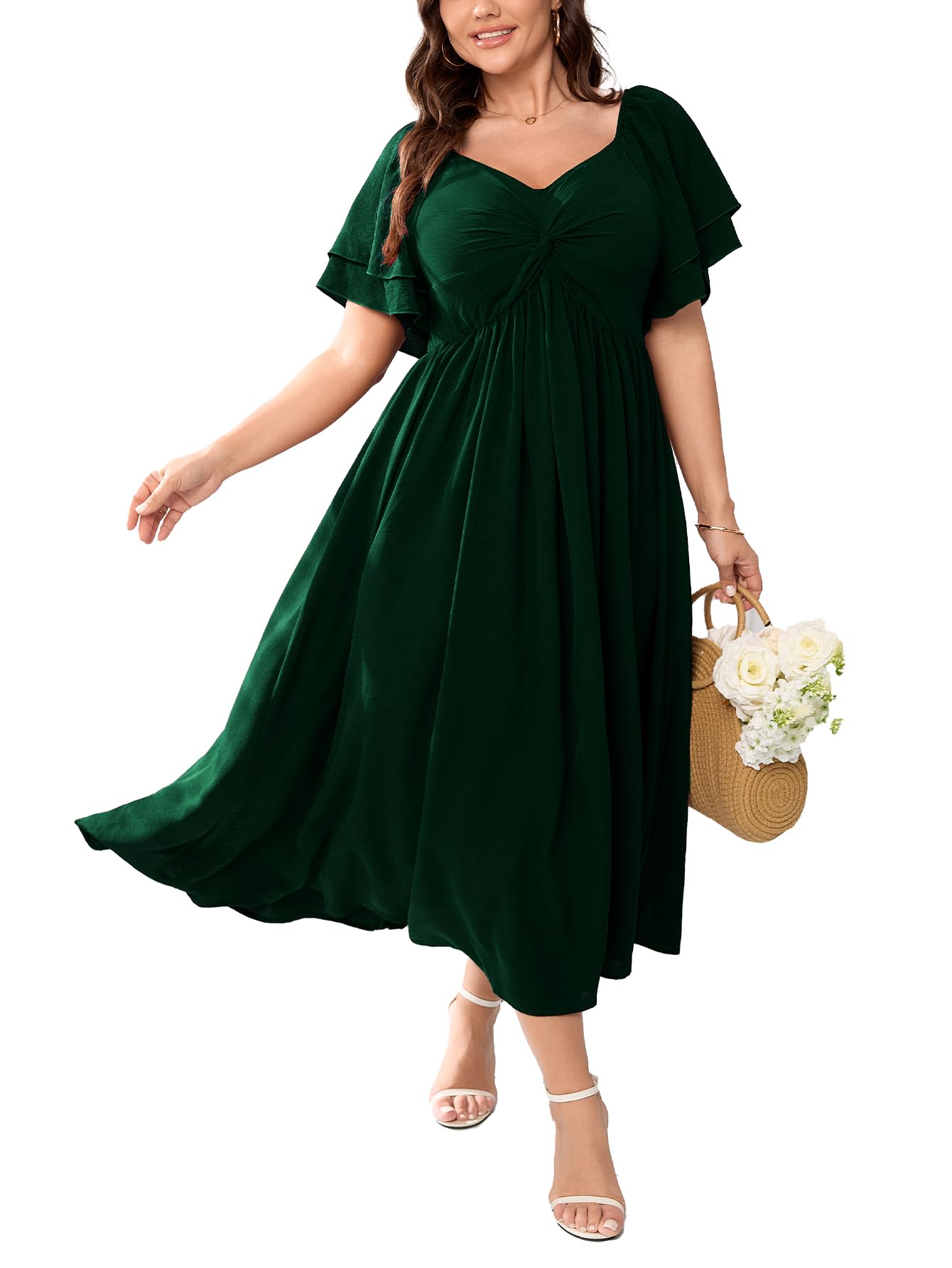SCOMCHIC Damenkleid in Übergröße, Kleid für Hochzeitsgäste, Cocktailkleider, Sweetheart-Ausschnitt, Rüschenärmel, A-Linie, Maxikleid
