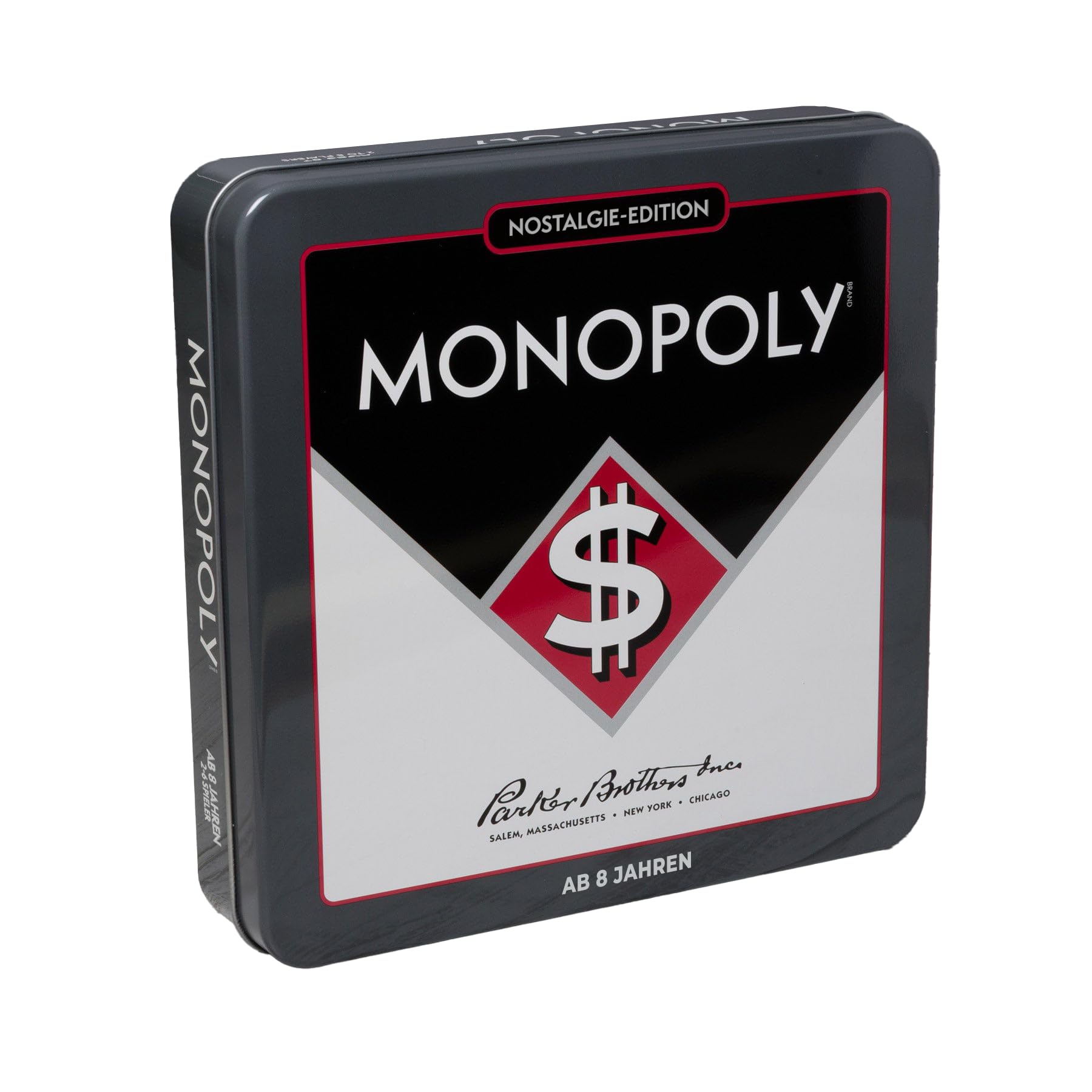 Monopoly Nostalgie Edition gra planszowa w stylu retro z lat 30., w wysokiej jakości puszce kolekcjonerskiej w stylu vintage z cyną figurkami, drewnianymi domkami, hotelami i dużą planszą do zabawy