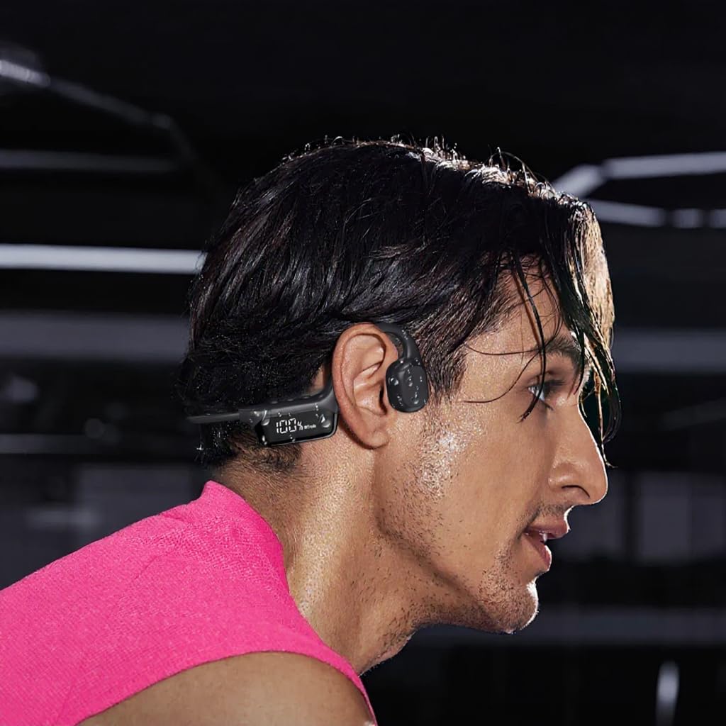 AKOUO Auriculares Conducción Ósea Bluetooth 5.4 IPX8 Resistente al Agua, MP3 Memoria Interna 32GB, Pantalla LED, Micrófono para Llamadas, Nadar, Correr, Ciclismo