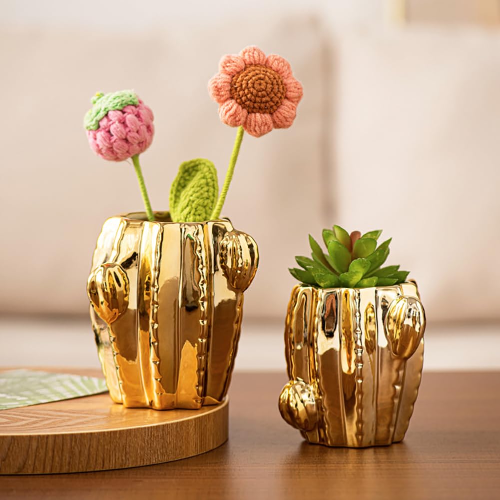 Złoty wazon ceramiczny, figurka kaktusa, na sukulenty, kwiat, dekoracja stołu, nowoczesna dekoracja domu, nordycki styl, sztuka, ozdoba, Boże Narodzenie, ślub, baby shower, rozmiar S