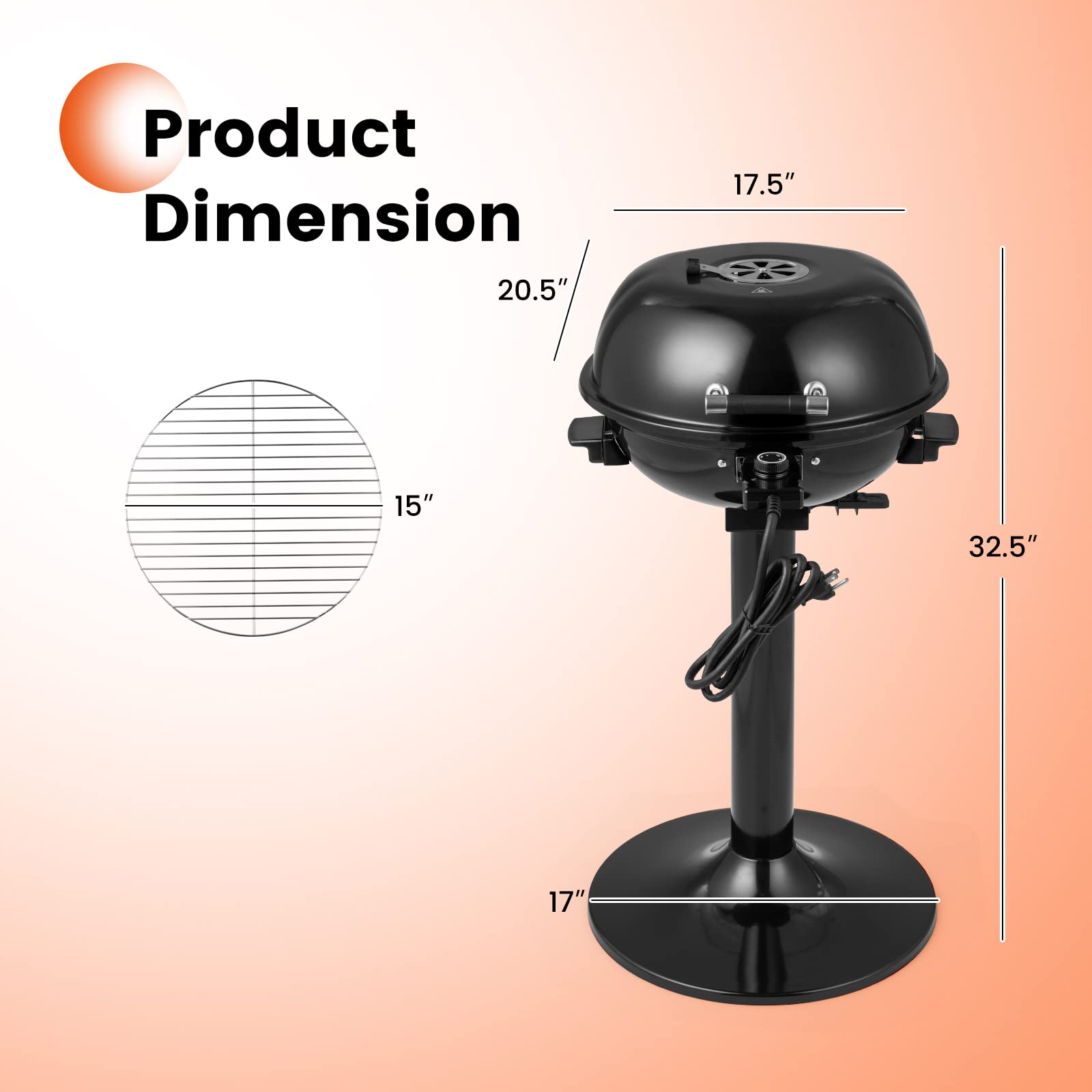 ARLIME Grill elettrico da esterno 1600 W, supporto per barbecue per 15 porzioni, temperatura regolabile, vassoio Greqase rimovibile, barbecue portatile per campeggio, feste, balcone, giardino
