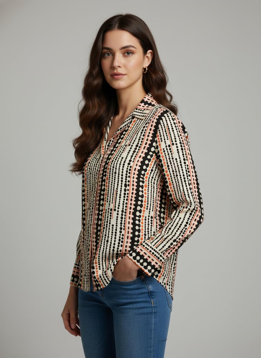 ANNI Designer Bedrucktes Damenhemd aus Baumwollmischgewebe, langärmelig, normale Passform, Hemdkragen, legere Bürokleidung, elegante Western-Kleidung für den Alltag, Hochzeit, Party