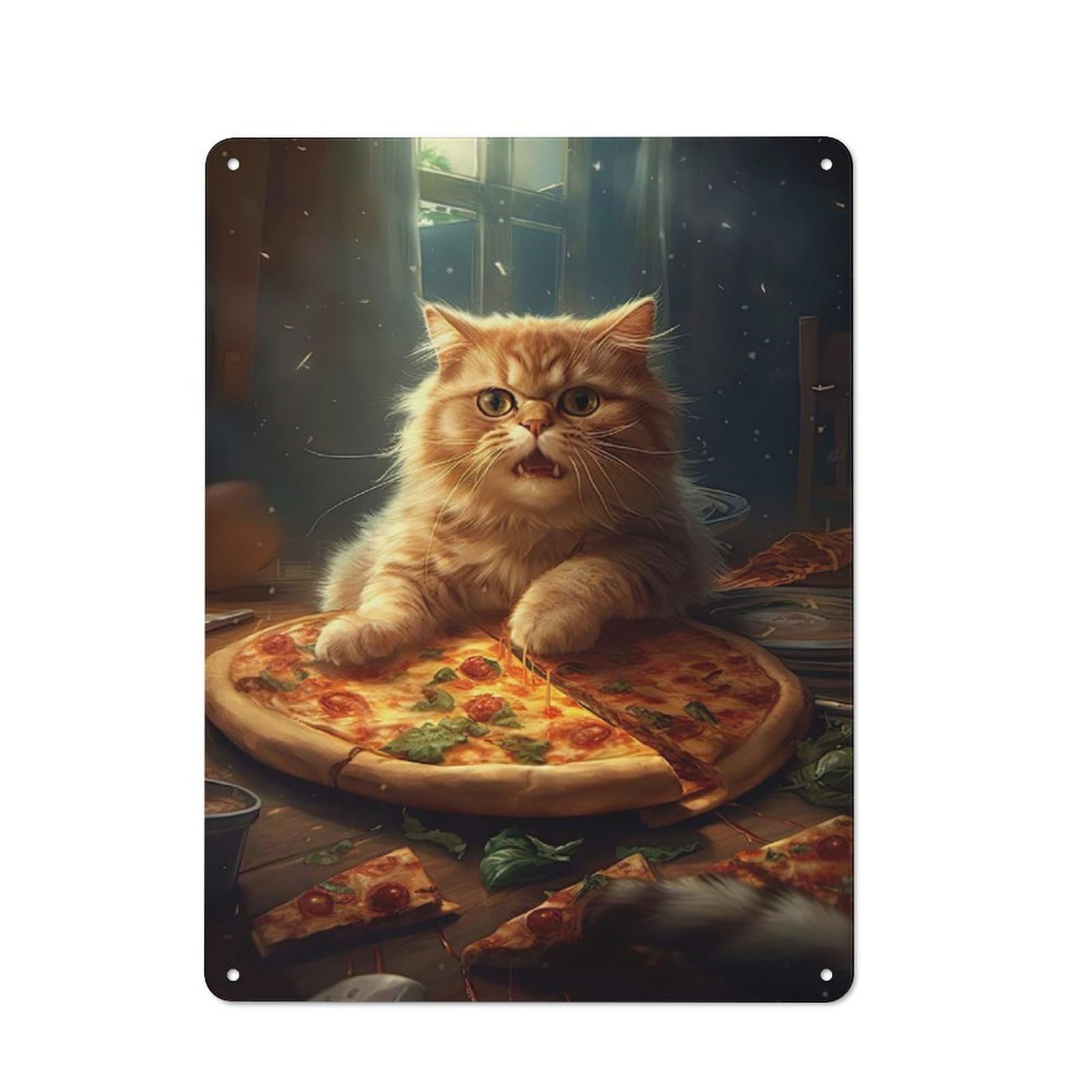 Junmoney Cat With Pizza Tin Wall Plaque 40X30cm With For Home Bar Wall, A Decorative Christmas Gift For Hosts Who Enjoy Retro Interiors