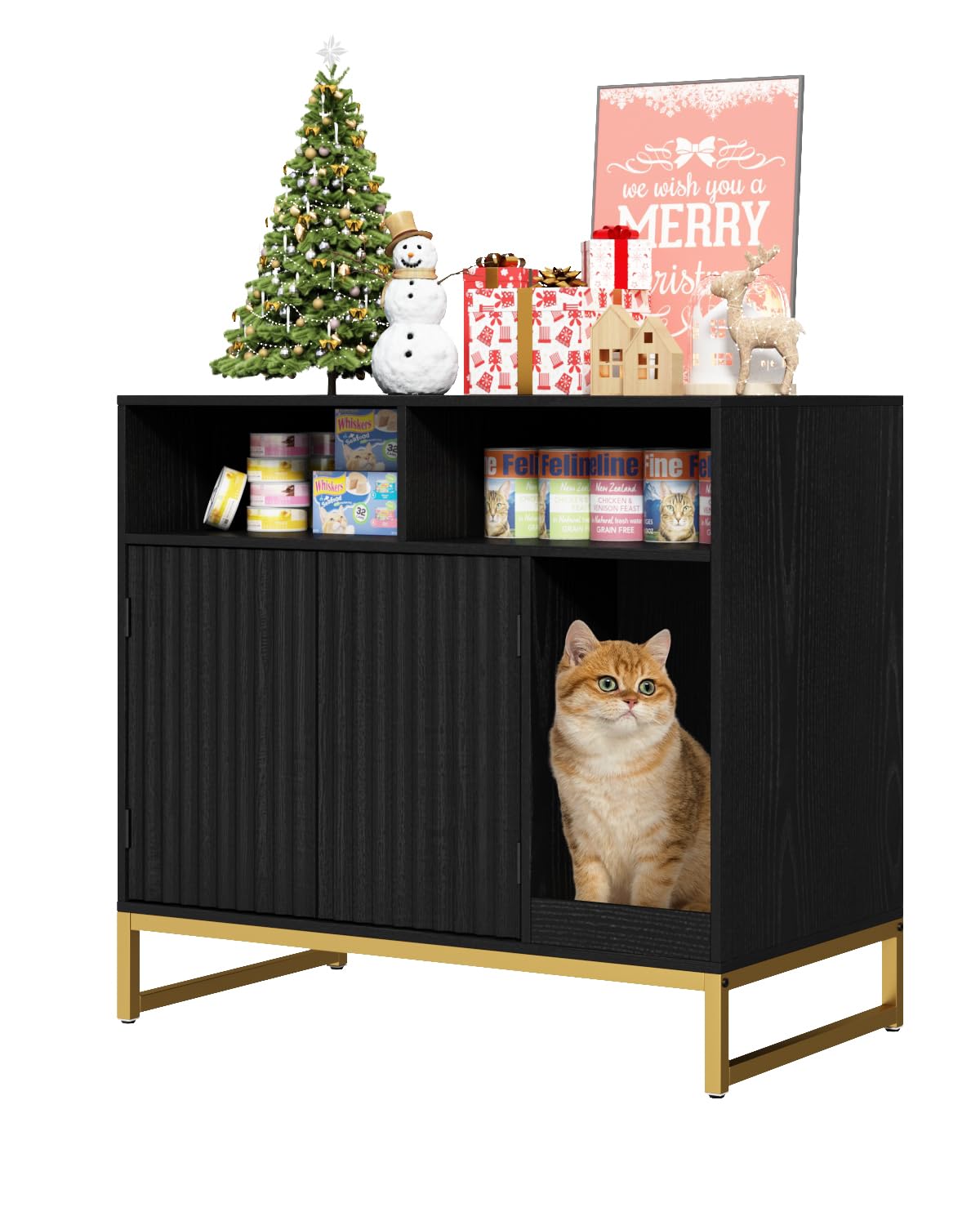 WINWY Cat Litter Box Enclosure, Large Hidden Pet Storage Cabinet Furniture with Waveform Fluted Doors & Scratching Pad, Modern Wooden Cat House Indoor for Washroom, Living Room, Bedroom, Black