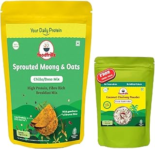 foodfrillz Sprouted Moong-Oats Healthy Chilla/Dosa/Salted Pancake Breakfast Mix, 200 g + Free Coconut Chutney Powder Trial Pack (25 g)