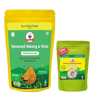 foodfrillz Sprouted Moong-Oats Healthy Chilla / Dosa/ Salted Pancake Breakfast Mix, 200 g + Free Coconut Chutney Powder