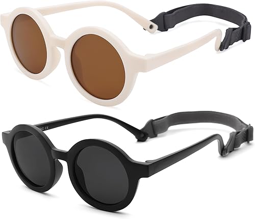 COASION Lentes de sol redondos polarizados para bebé, tonos de goma flexibles con correa para bebés recién nacidos de 0 a 24 meses