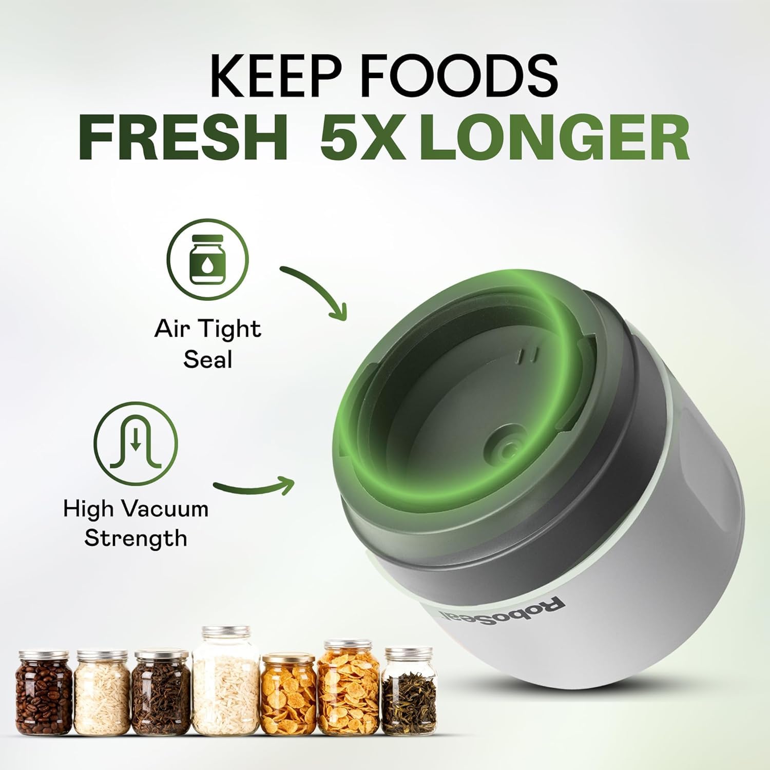 RoboSeal Machine à emballer sous vide rechargeable pour bocaux Mason Jar à ouverture large et régulière, fonctionnement One Touch, 10 couvercles et ouvre-bocaux inclus, indicateur de batterie