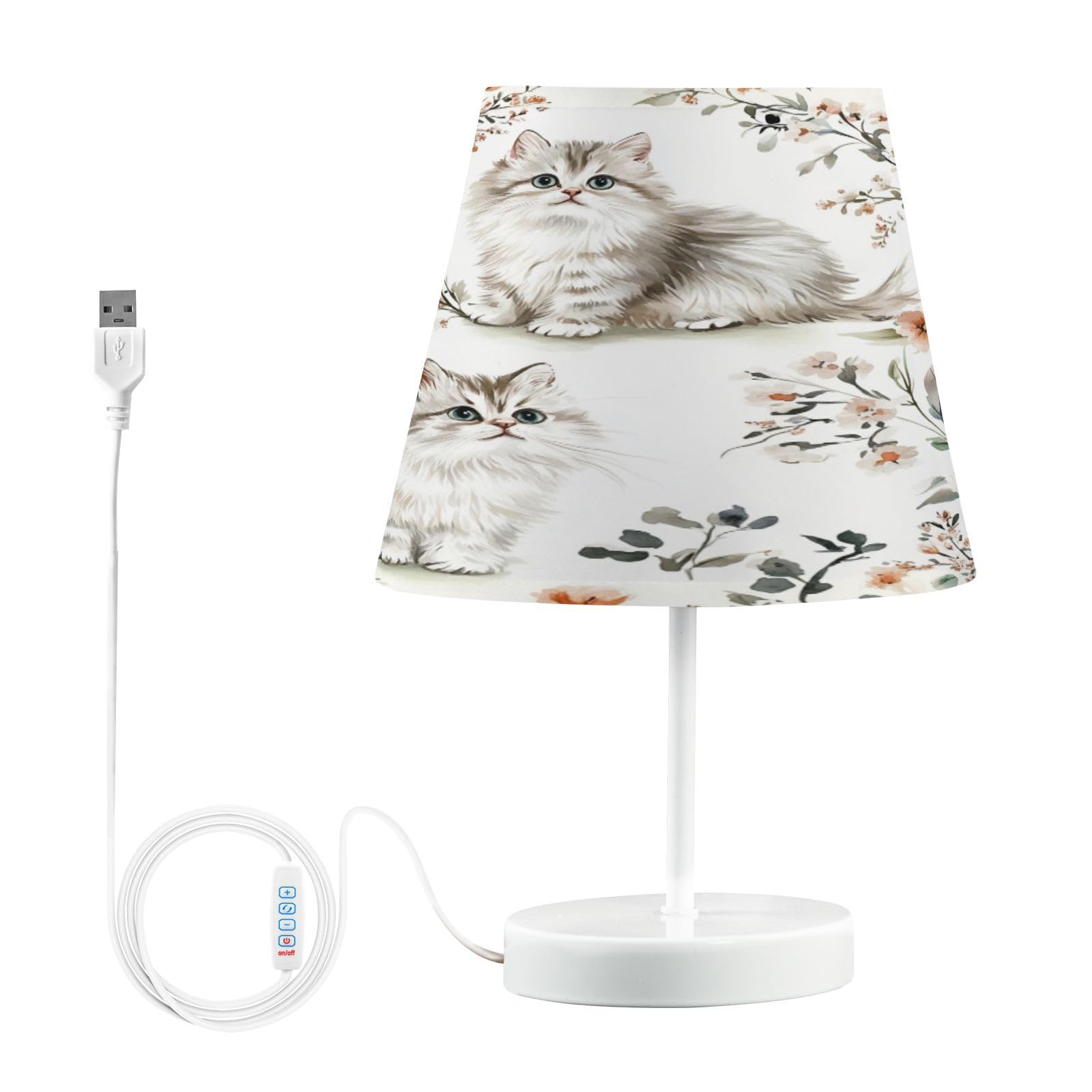 Mnsruu Bedside Table Lamps with USB Ports, Cute Little Cats Wild Flowers Nightstand Desk Lamps for Bedroom, Living Room, Office,M