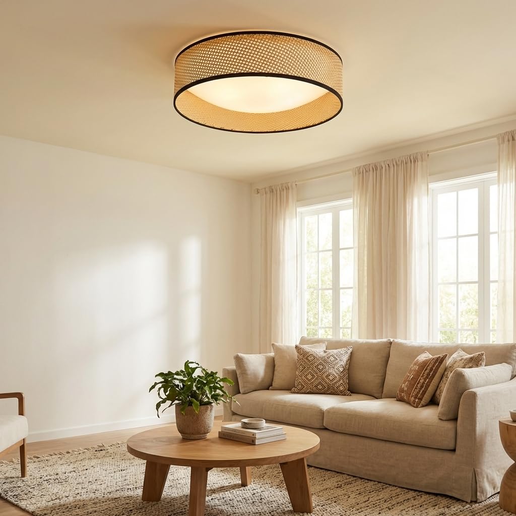 Alpinaluz Plafonnier LED Rond de Plafond 30W CCT 3000K-6000K Abat-jour Tressé en Rotin Naturel Ø40 cm Style Nordique Bohème Éclairage Décoratif pour Salon Chambre Salle à Manger