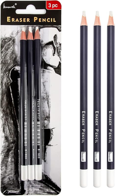 Brusarth 3pc Eraser Set - Fine Detail Eraser for Sketching, Charcoal Drawings & Colored Pencils