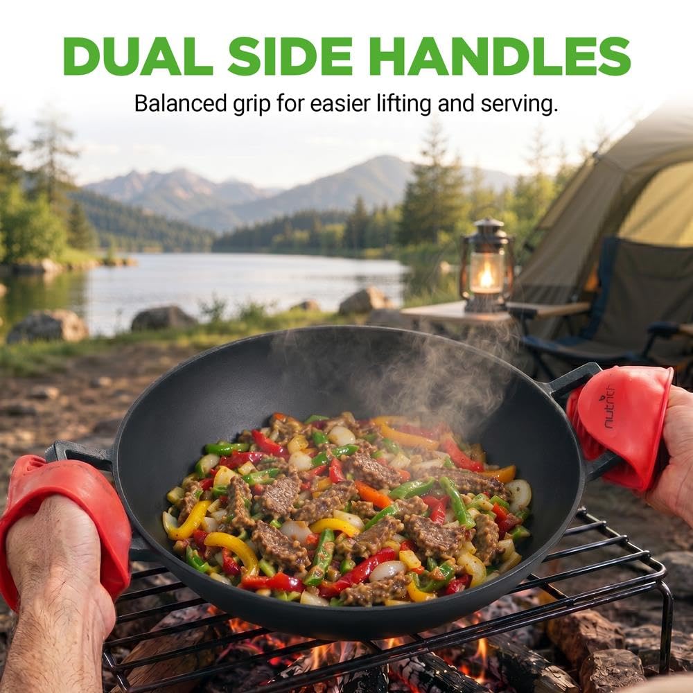 NutriChef Padella in ghisa da 29 cm, padella wok a induzione con coperchio, padella in ghisa per tutti i tipi di fornelli, adatta al forno, non rivestita, antiaderente, padella profonda con manici