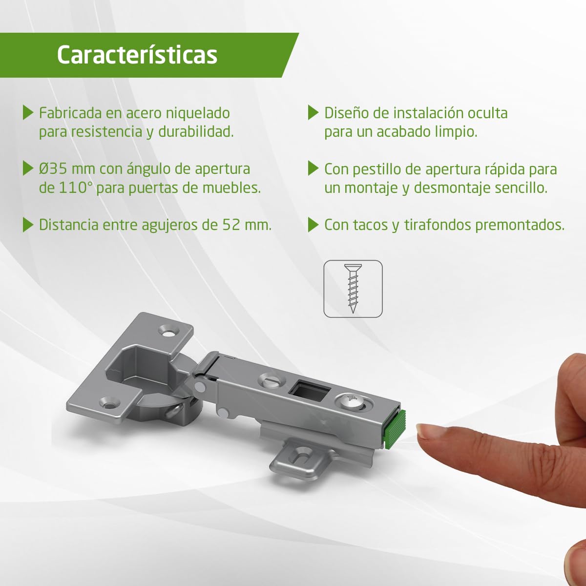 Amig - Pack de 20 Bisagras de Cazoleta Superacodada - Ø35 mm - Acero Niquelado - Pestillo de Apertura Rápida - Instalación Oculta para Muebles - Tacos y Tirafondos Premontados
