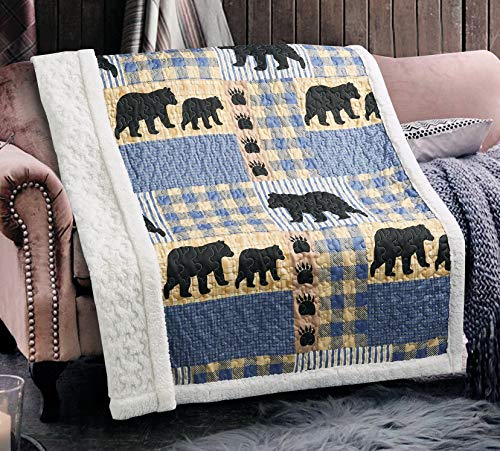 Virah Bella Quilted Sherpa Throw Blanket 50" X 60" Black Bear Plaid Lightweight Throw Quilt Great For Loungers & Extra Bedding - Beautiful Lodge-Themed Blanket #TOP8