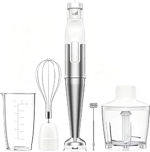 BESROY Mixeur Plongeant 5 en 1, 1100W, Vitesse Progressive, Lames Inox & Protection Anti-rayures, Hachoir Électrique, Fouet, Mousseur à Lait, Verre Doseur, pour Soupe, Smoothie, Purée, Blanc