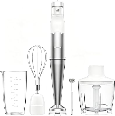 BESROY Mixeur Plongeant 5 en 1, 1100W, Vitesse Progressive, Lames Inox & Protection Anti-rayures, Hachoir Électrique, Fouet, Mousseur à Lait, Verre Doseur, pour Soupe, Smoothie, Purée, Blanc