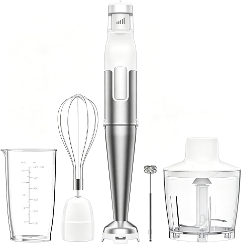 BESROY Mixeur Plongeant 5 en 1, 1100W, Vitesse Progressive, Lames Inox & Protection Anti-rayures, Hachoir Électrique, Fouet, Mousseur à Lait, Verre Doseur, pour Soupe, Smoothie, Purée, Blanc