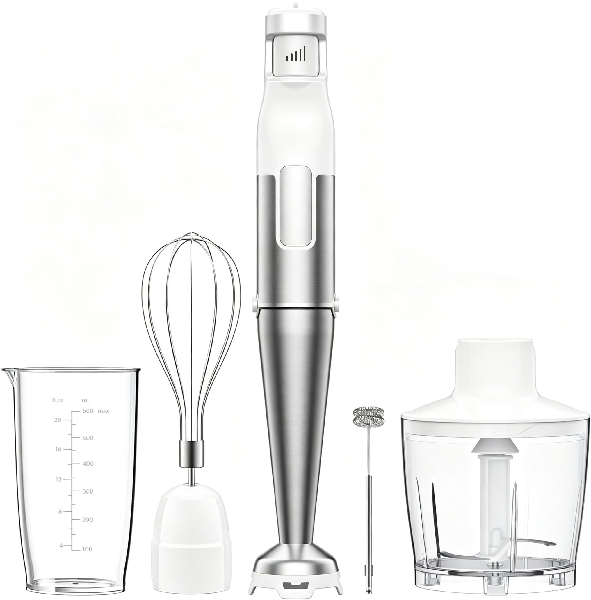 BESROY Frullatore a Immersione 5 in 1, 1100W Potente, Mixer Cucina Elettrico in Acciaio Inox, Velocità Regolabili, Set con Tritatutto, Frusta, Montalatte e Misurino per Zuppe e Frullati