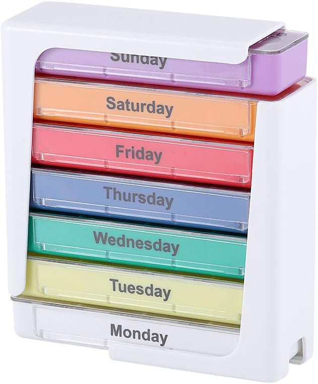 Pill Organiser, Pill Box Organiser 4 Times a Day, Weekly Pill Box 7 Day with 28 Compartments for Vitamin Supplement Medication, Travel Portable Medicine Container for Kid Men Women Elderly Multicolour