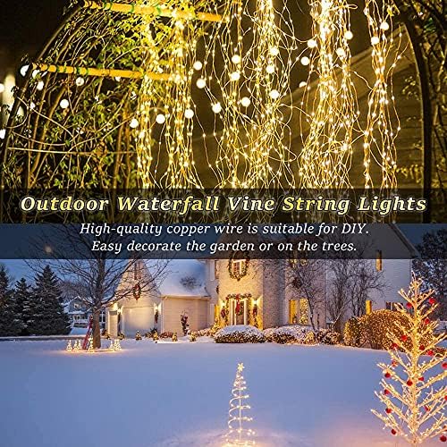 CUIFULI Solar Waterfall Fairy Lights, 8 Modes Hanging Vine Tree Lights, 100 LEDs 1M String Lights 10 Strands Branch Lights Battery Operated Waterproof with Remote (Warm White)