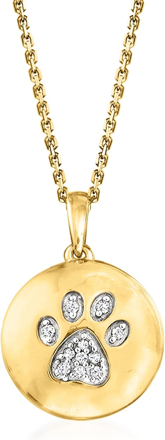 Ross-Simons Diamond Paw Print Circle Pendant Necklace in 18kt Gold Over Sterling