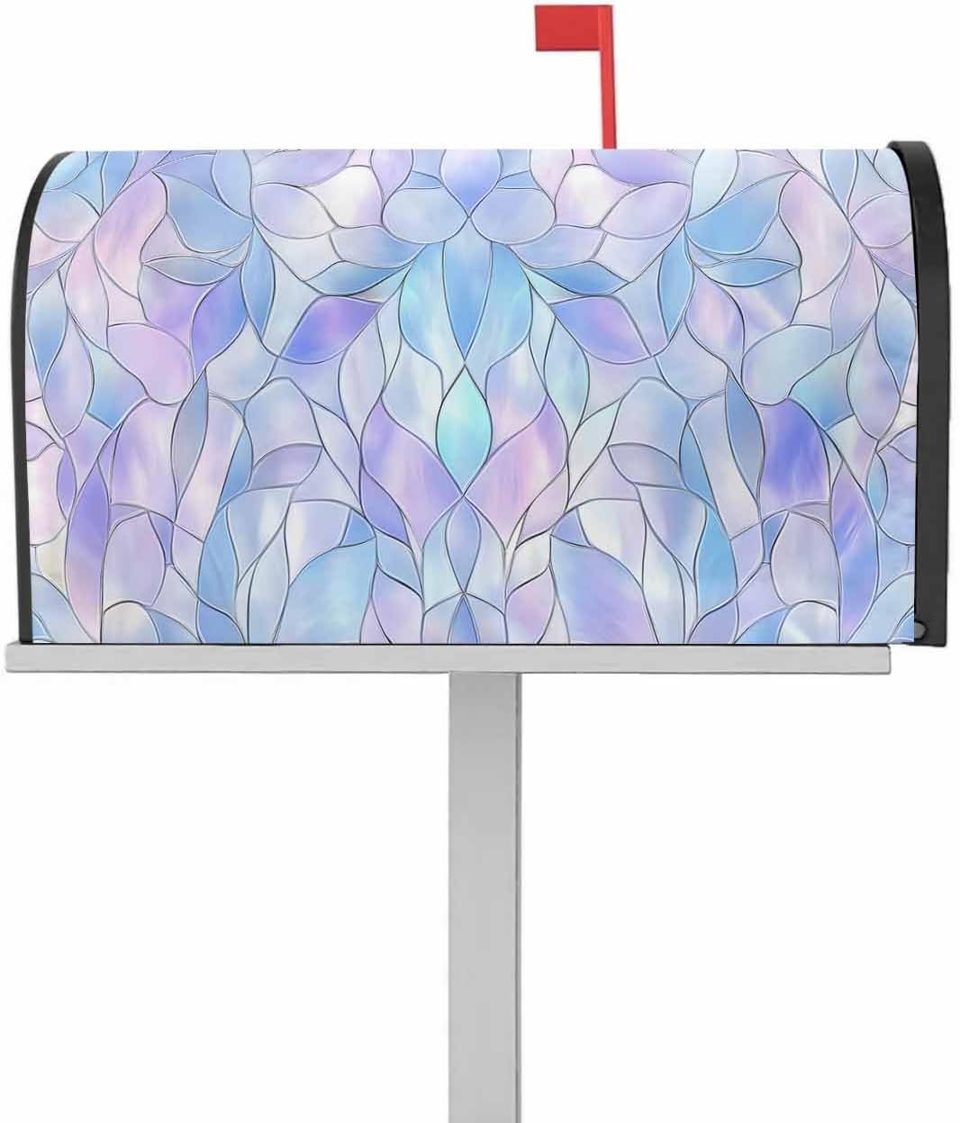 Stained Glass Mailbox Covers Magnetic Standard Size, Blue Purple Floral Geometric Decorative Post Letter Numbers Box Wrap Decoration Covers Large Accessories for Garden Yard Outdoor Décor
