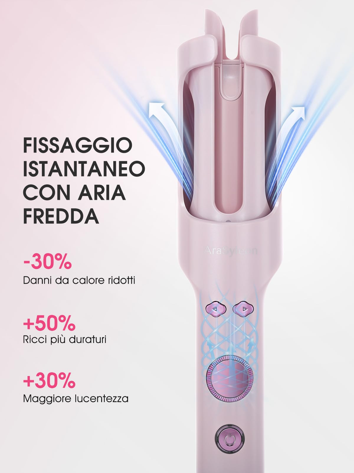 Arricciacapelli Automatico con Aria Fredda e Ioni, 30 mm Ceramica Auto Curler, 5 Temperature 160-200°C, Antiscottatura, Doppia Tensione 110-240V per Casa e Viaggi