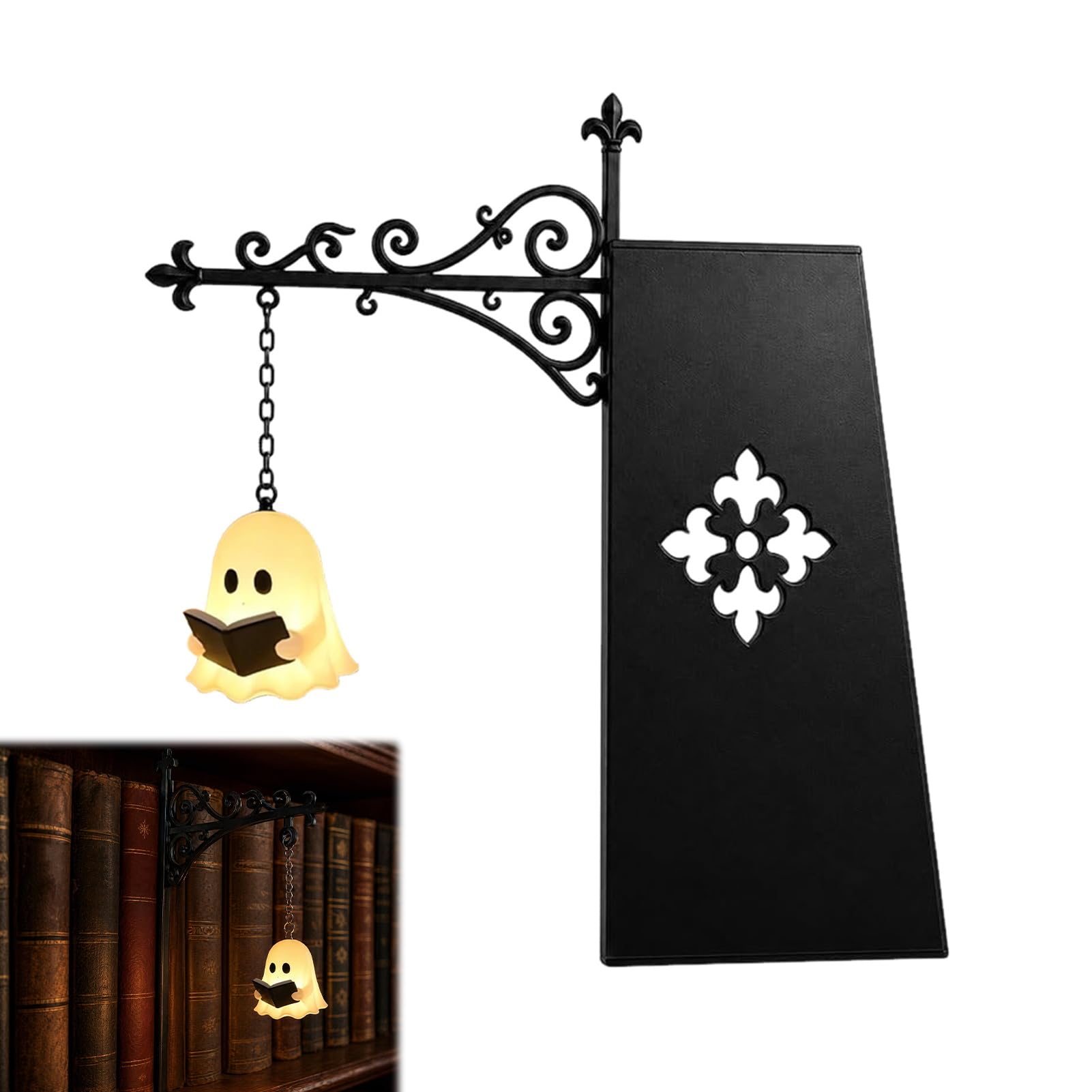 SpirWoRchlan Vintage Wooden Library Lantern LED Lamp, Decorative Bookcase & Reading Nook Night Light, Rustic Desk Table Luminaire, Ornamental Lighting for Study Bedroom Home Decor, Ghost