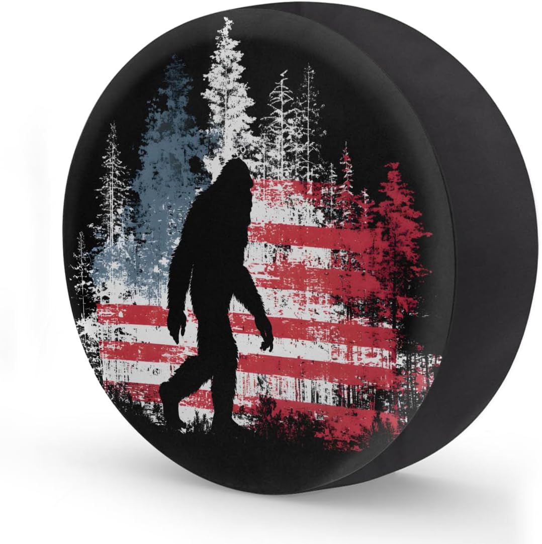 Bigfoot American Flag RV Camping Spare Tire Covers Weatherproof Dustproof Tire Covers for Travel Trailer Camper Jeep RV SUV Truck Wheel Protectors Cover Fit 17inch
