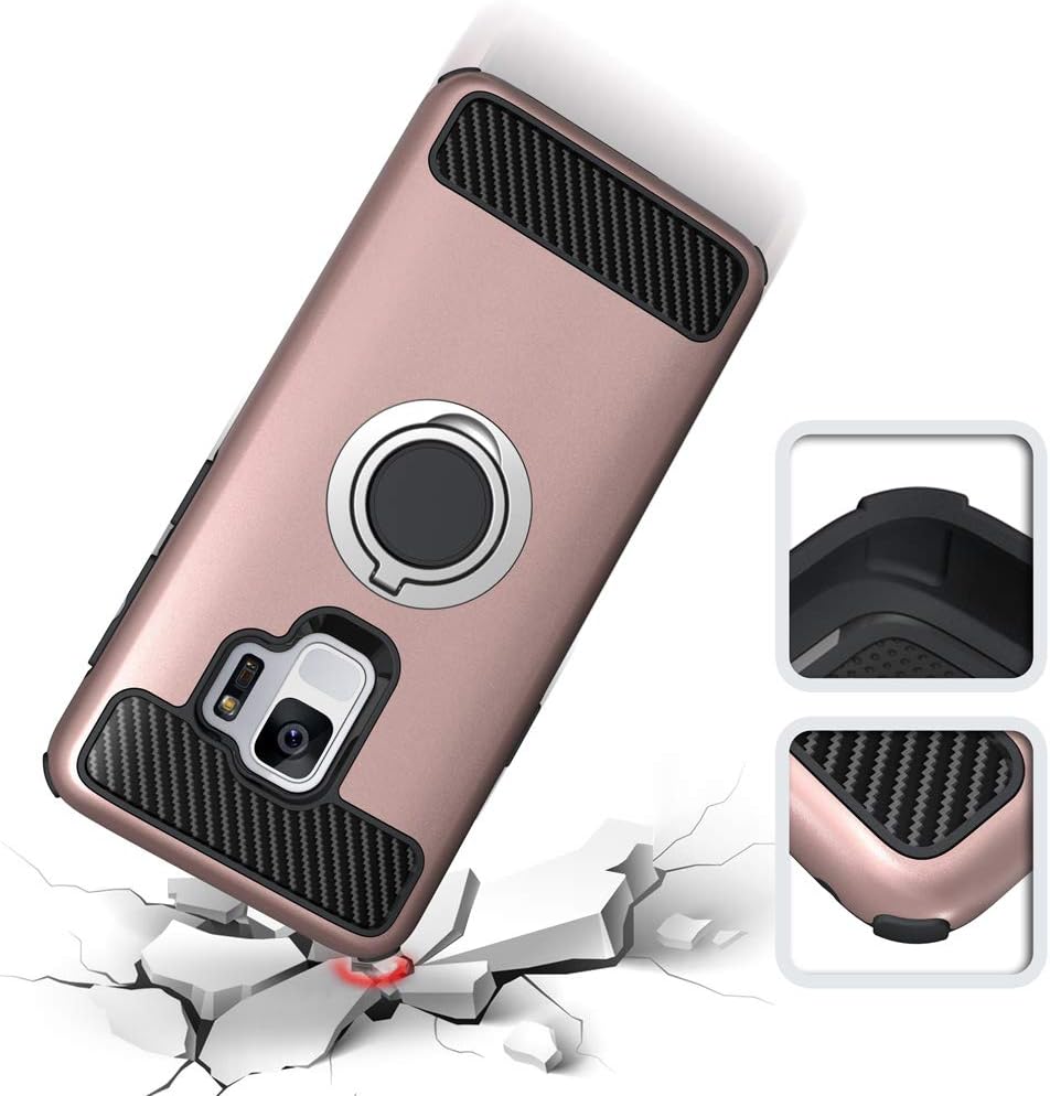 Samsung Galaxy S9 Phone Case with Tempered Glass Screen Protector and Magnetic Ring Holder Stand Kickstand Hybrid Protective Cell Accessories Hard Cover for Glaxay S 9 Galazy 9S GS9 Women Girls Pink