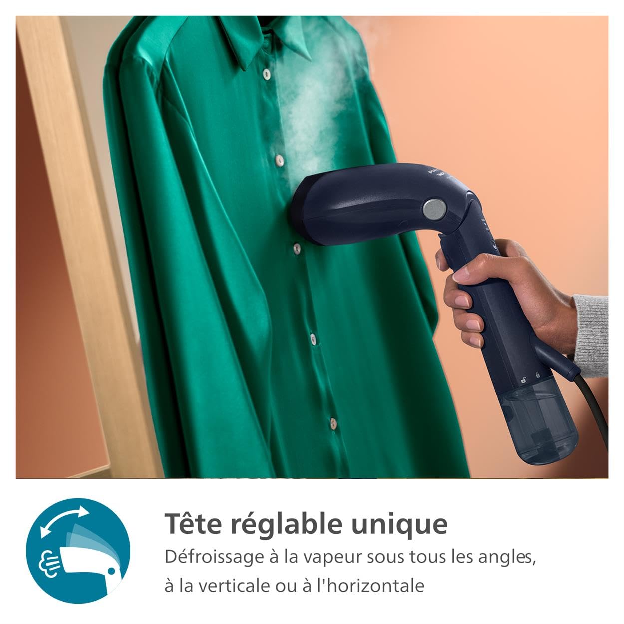 Philips Défroisseur à Main Série 7000 - Steamer 1500W, Vapeur 28g/min, Technologie OptimalTemp, Semelle Métal, Réservoir 100 ml, prêt en 30 sec, Pochette & gant, Léger 865g, Deep Azur (STH7020/20)