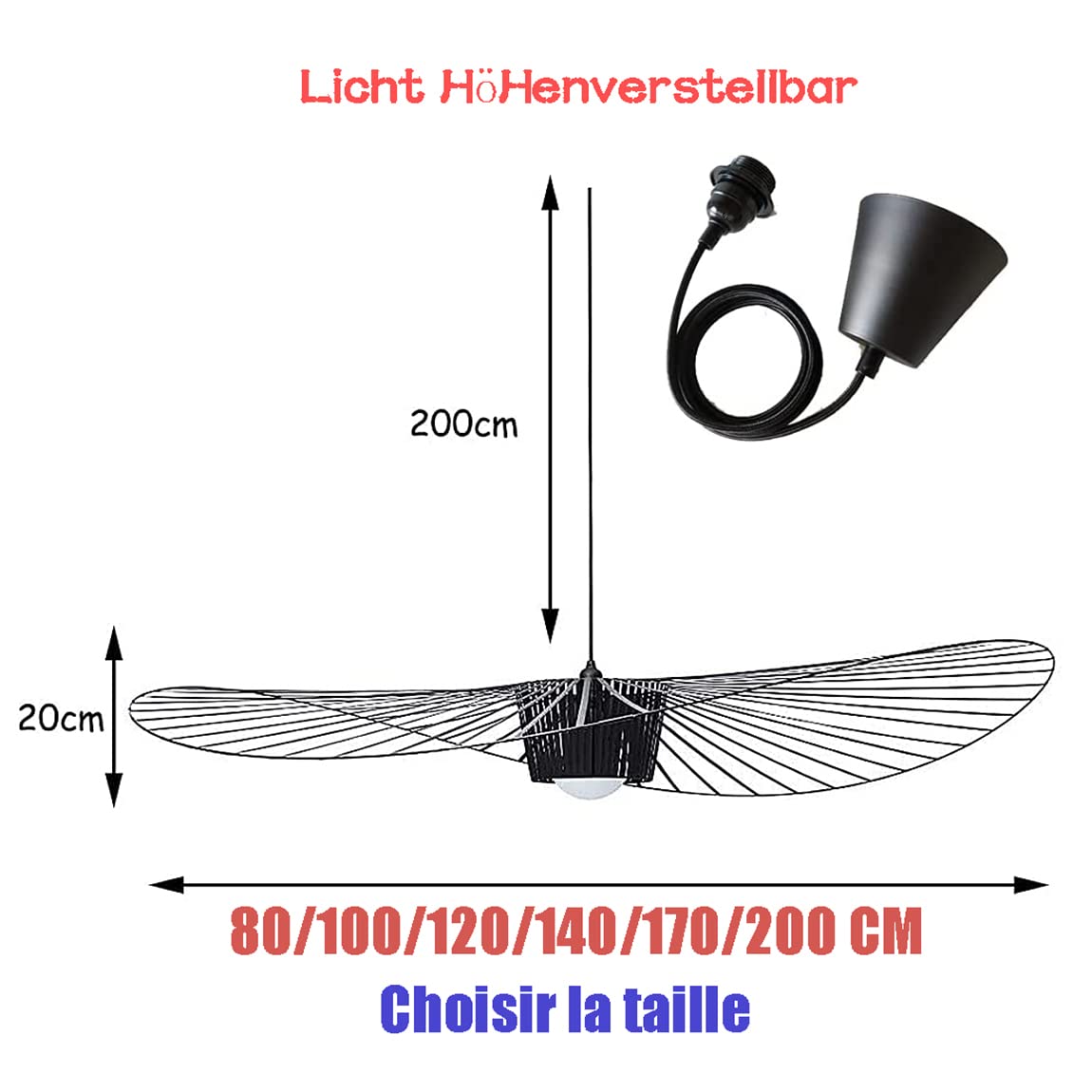 Vertigo Lampa Wisząca 80cm Czarna Żyrandol z Fiberglasu i PU Styl Vintage Retro