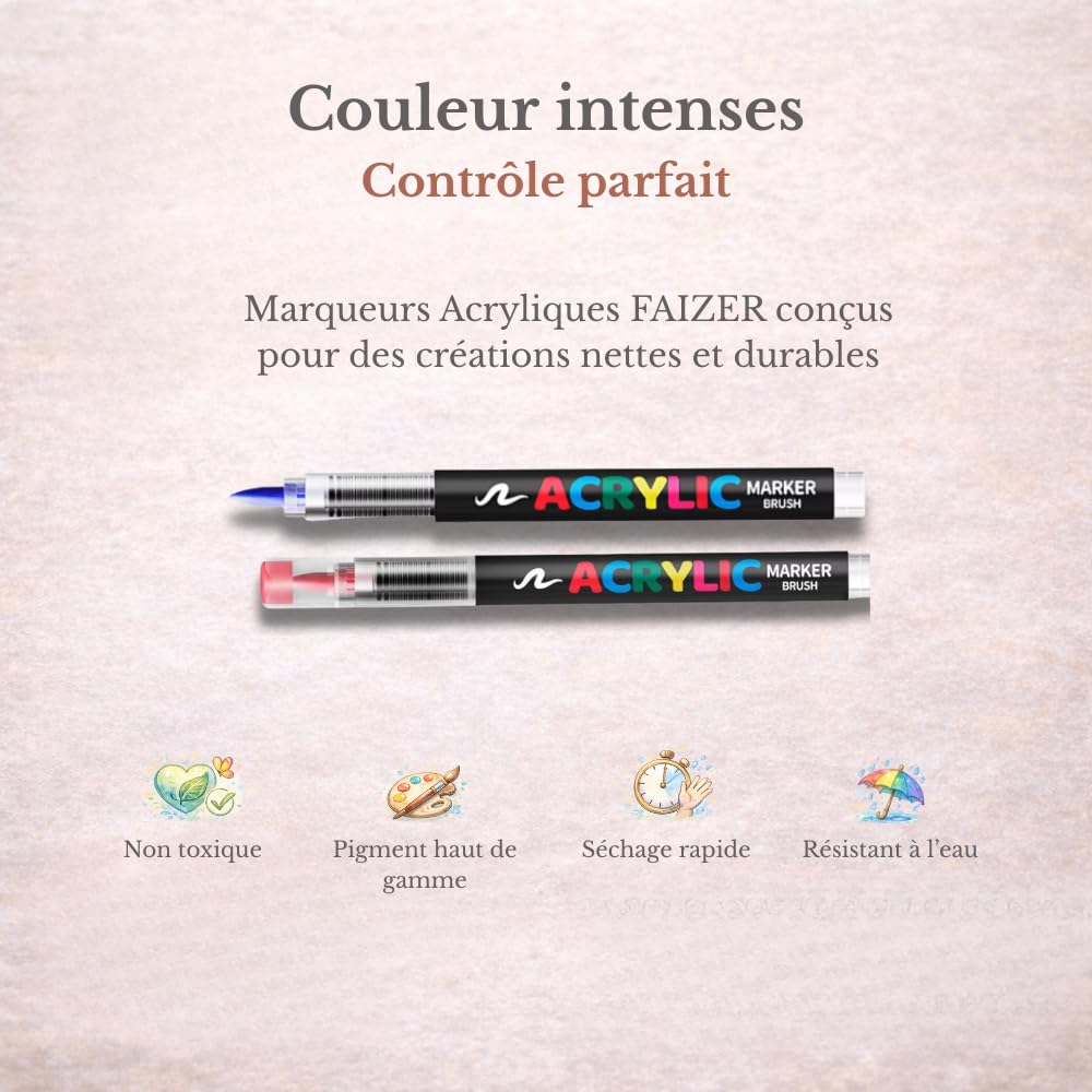 Faizer ® 288 Feutre Acrylique, Stylos Acryliques à Pointe Pinceau pour le Coloriage Adulte, Acrylic Paint Markers pour Coloriage, Beaux Arts, Calligraphie, Bois, Toile, Verre, Céramique