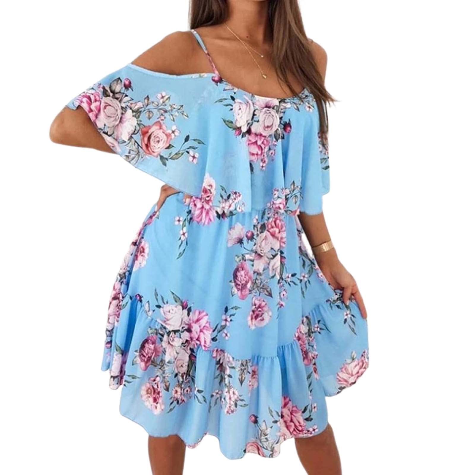 Women's V Neck Floral Spaghetti Strap Summer Dress Sleeveless Casual Swing Midi Sundress