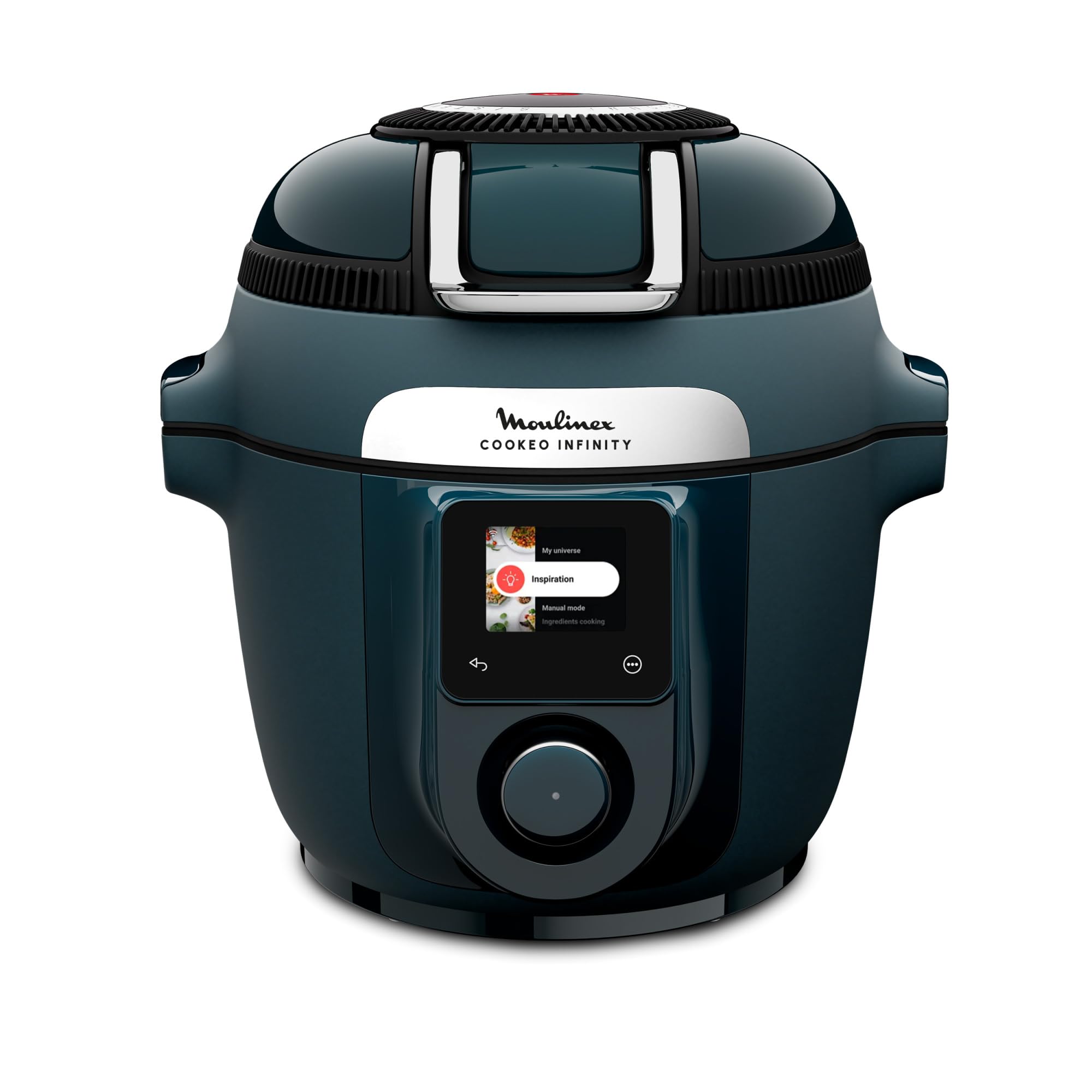 Moulinex Cookeo Infinity multi-cooker with its main pot and two accessories: a steam basket and an air fry tray.