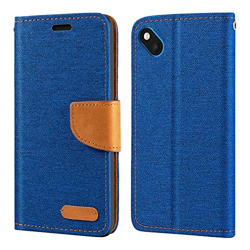 Étui Portefeuille en Tissu Oxford et Cuir PU Compatible avec Wiko Sunset 2, Coque Robuste avec Rabat Magnétique et Fentes Cartes (Bleu)