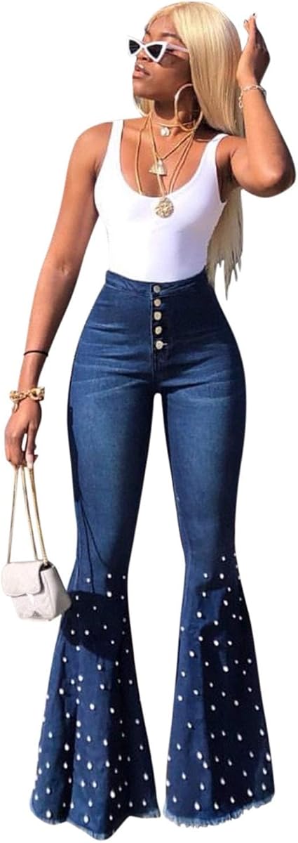 Ouzhoub Pantalones Confort para Mujer, Elegante elástico de Cintura Alta  Jeans Denim Mujer Cuentas Pantalones Casuales Suelta otoño sólidos  Pantalones de la Llamarada (Color : Blue, Size : S) : Amazon.es: Ropa