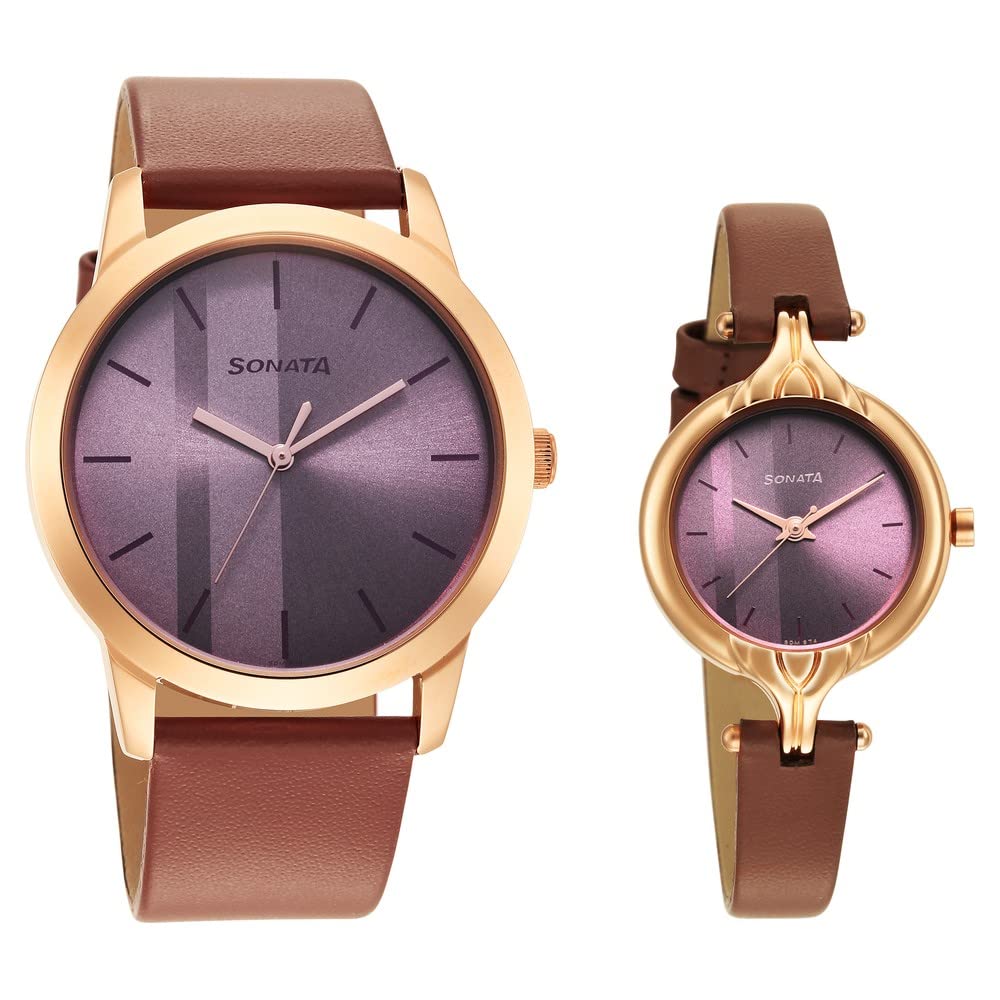 SonataSonata Quartz Analog Purple Dial Leather Strap Watch for Couple-NS7712587040WL01P