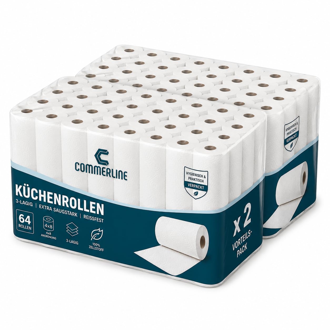 Commerline Küchenrollen 3-lagig, 64 Rollen, 50 Blatt pro Rolle