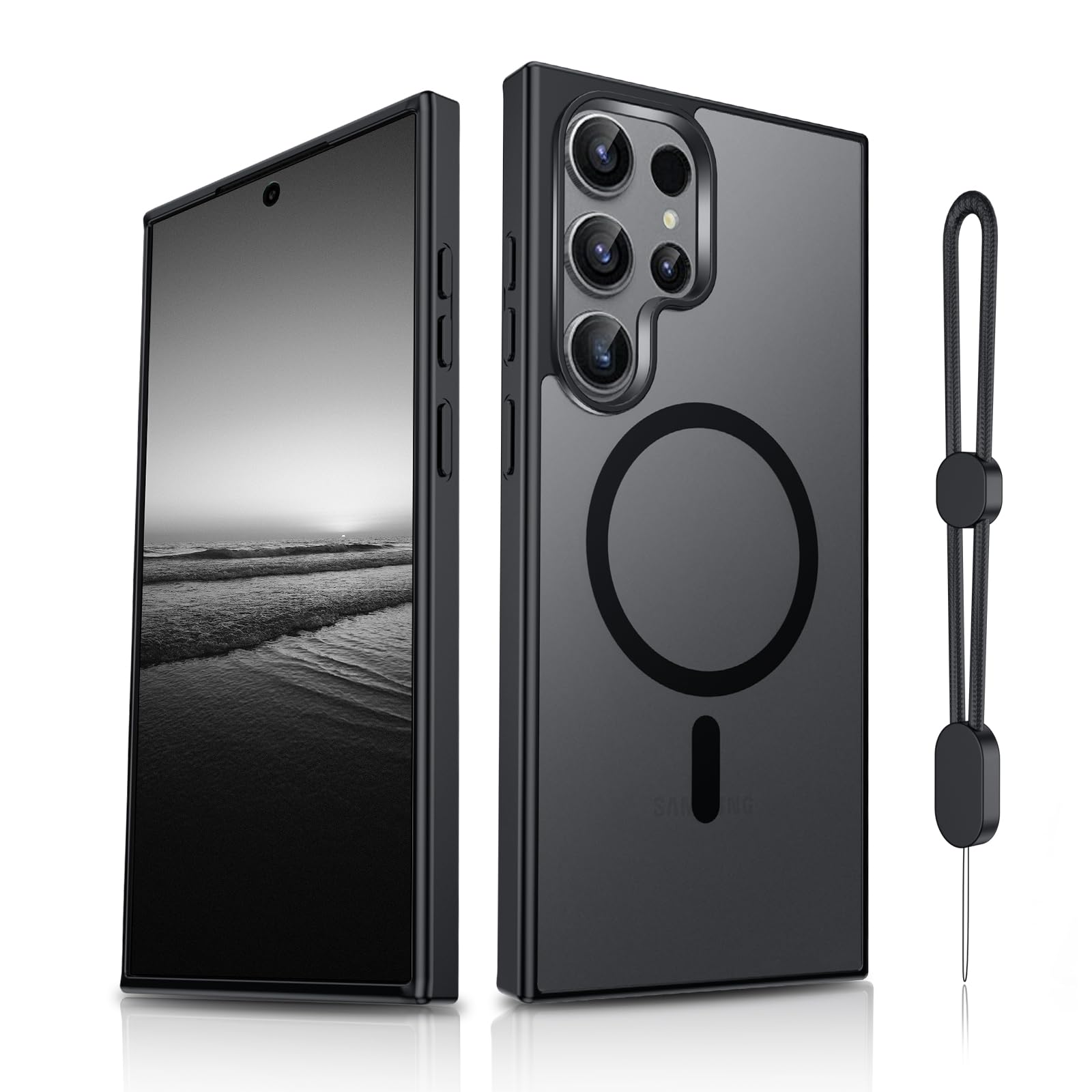 Dizn Magnetic Case for Samsung Galaxy S23 Ultra Case,[Not Fit S23],Compatible with MagSafe,with Strap,Matte Translucent Cover,Military Grade Shockproof Protection,Magnetic Phone Funda S 23 Ultra,Black