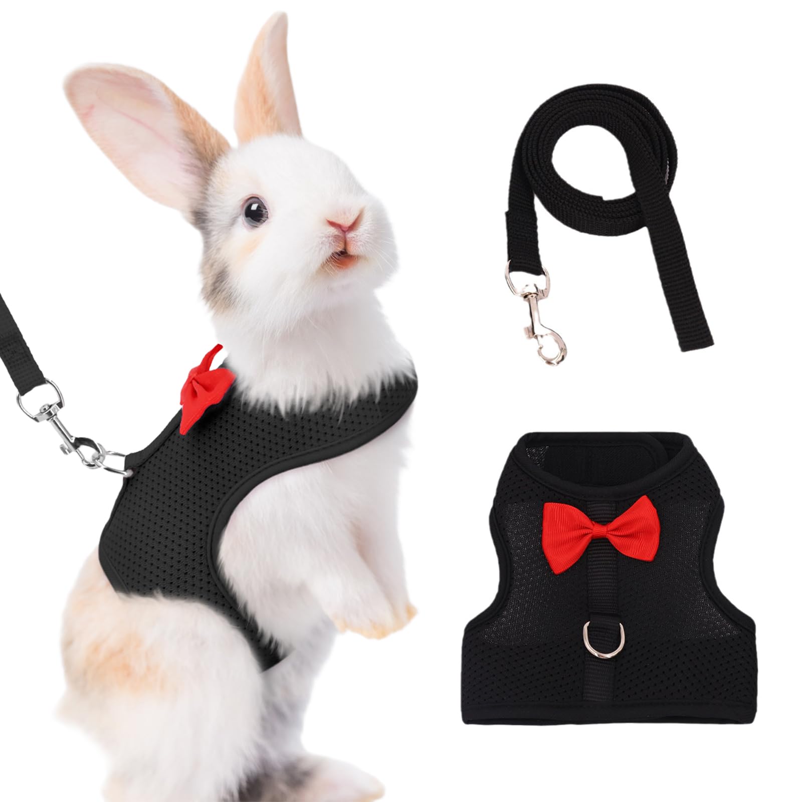 Harnais Lapin avec Laisse Réglable et Respirant - Accessoires pour Lapin Nain et Petits Animaux, Confortable et Sécurisé pour Promenade, Noir, Taille S