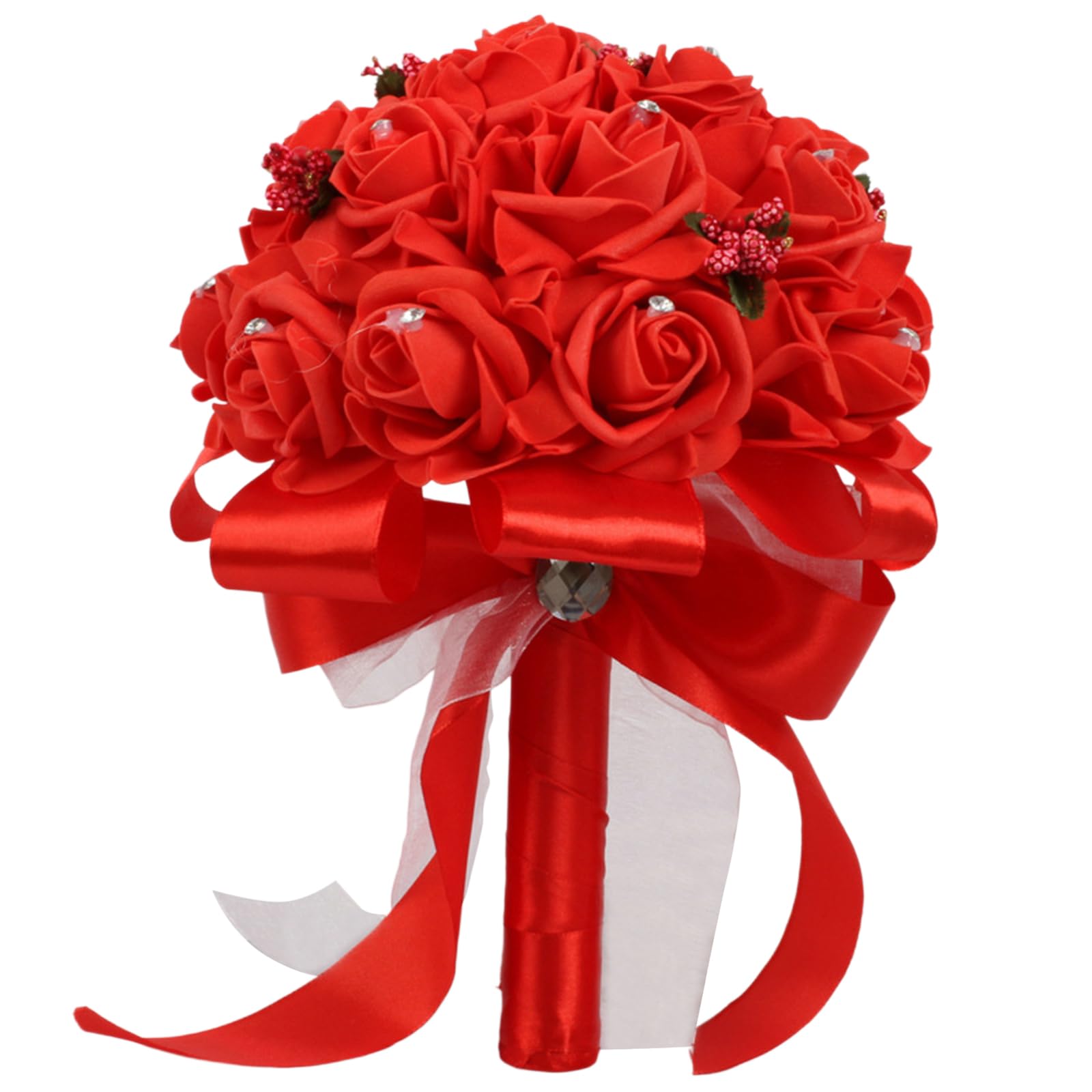 Qianderer Hand Made Pearl Satin Roses Bridesmaid Bridal Artificial Bouquets Customization Bride Holding Bouquet Wedding for Photo Shooting, Valentine's Day, Birthday (Red, M)