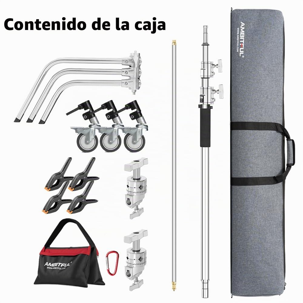 AMBITFUL Stainless Steel Heavy Duty C Stand, 150-320 cm, Ajustable con Ruedas para reflectores, softbox, monolight, Brazo Resistente (AMBITFUL C-Stand Kit + Bolsa + Wheels)