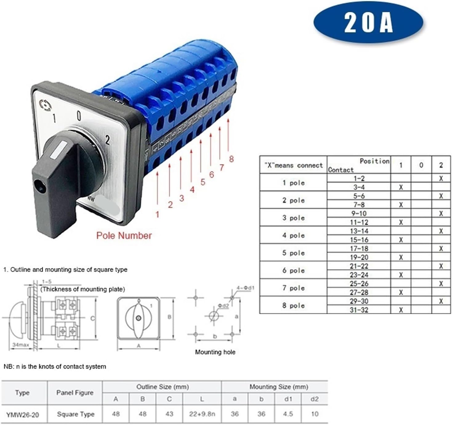 ROTARY SWITCH LW26-20 20A 4.I7168/7 20A, 7 LEVELS ,8 POSITIONS | ELMARK LW26-20 YMW26 Series Silver 1-8 Poles 20A 690V Control Power Rotar