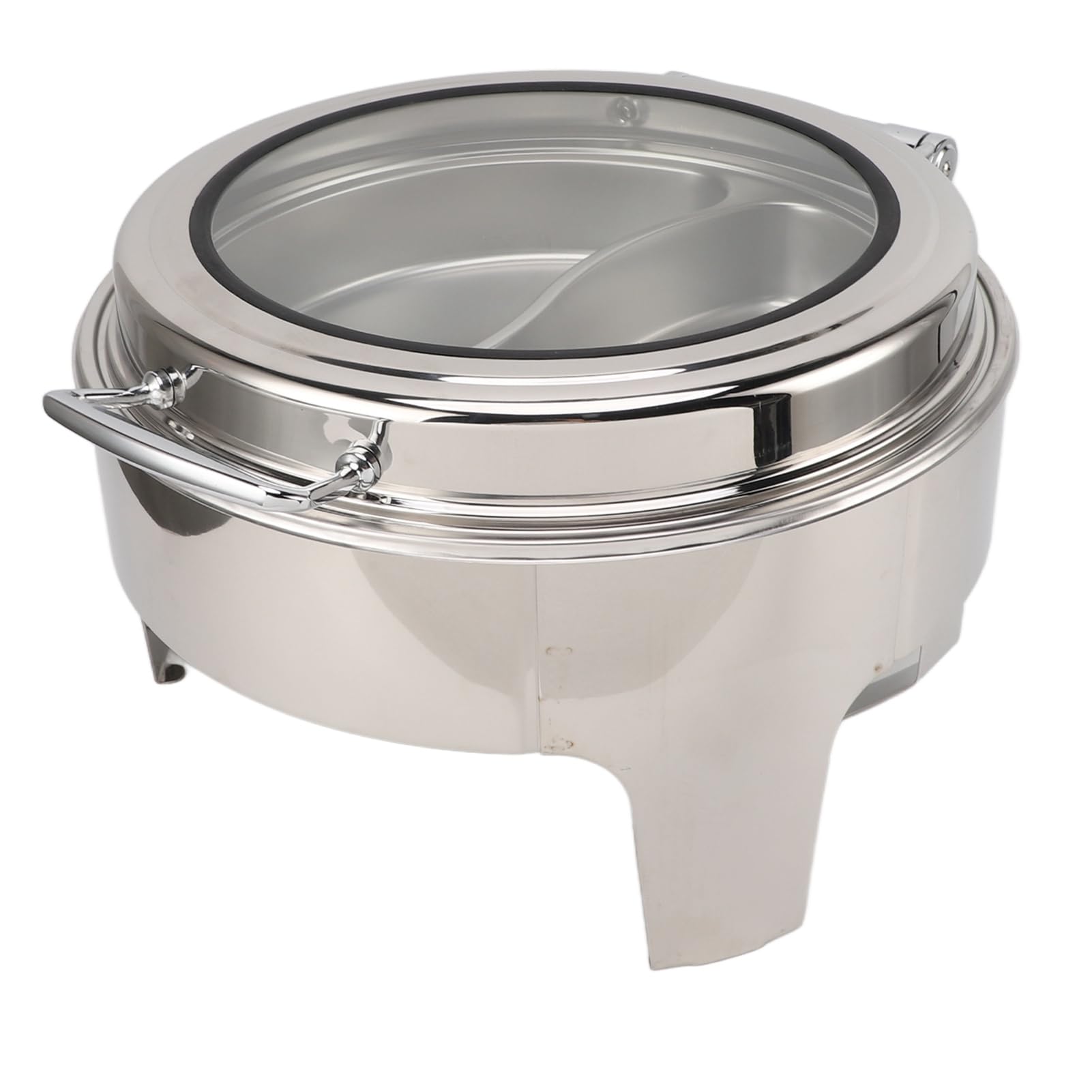 lyrlody Plato Redondo de Acero Inoxidable de 6 Litros, Servidor de Buffet con Tapa de Vidrio Visible, Calentador de Alcohol, Tapa Abatible de 90°, Sartén Profunda, Acabado Espejo para Buffet,