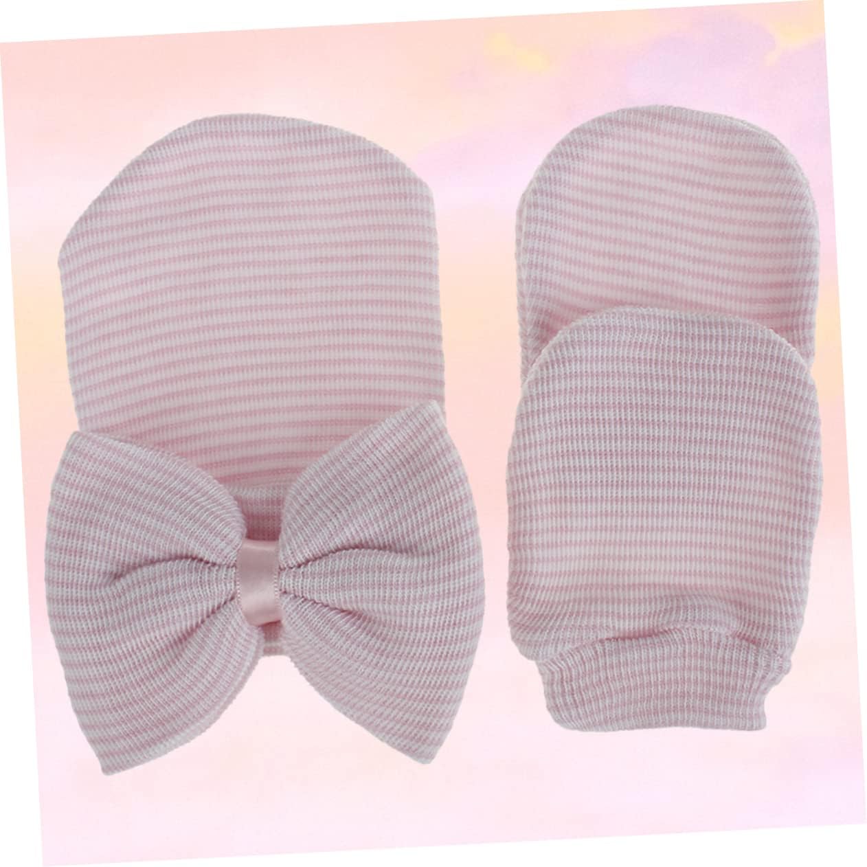 Baby Knit Cap and Glove Set with Big Bowknot for Girls Pink