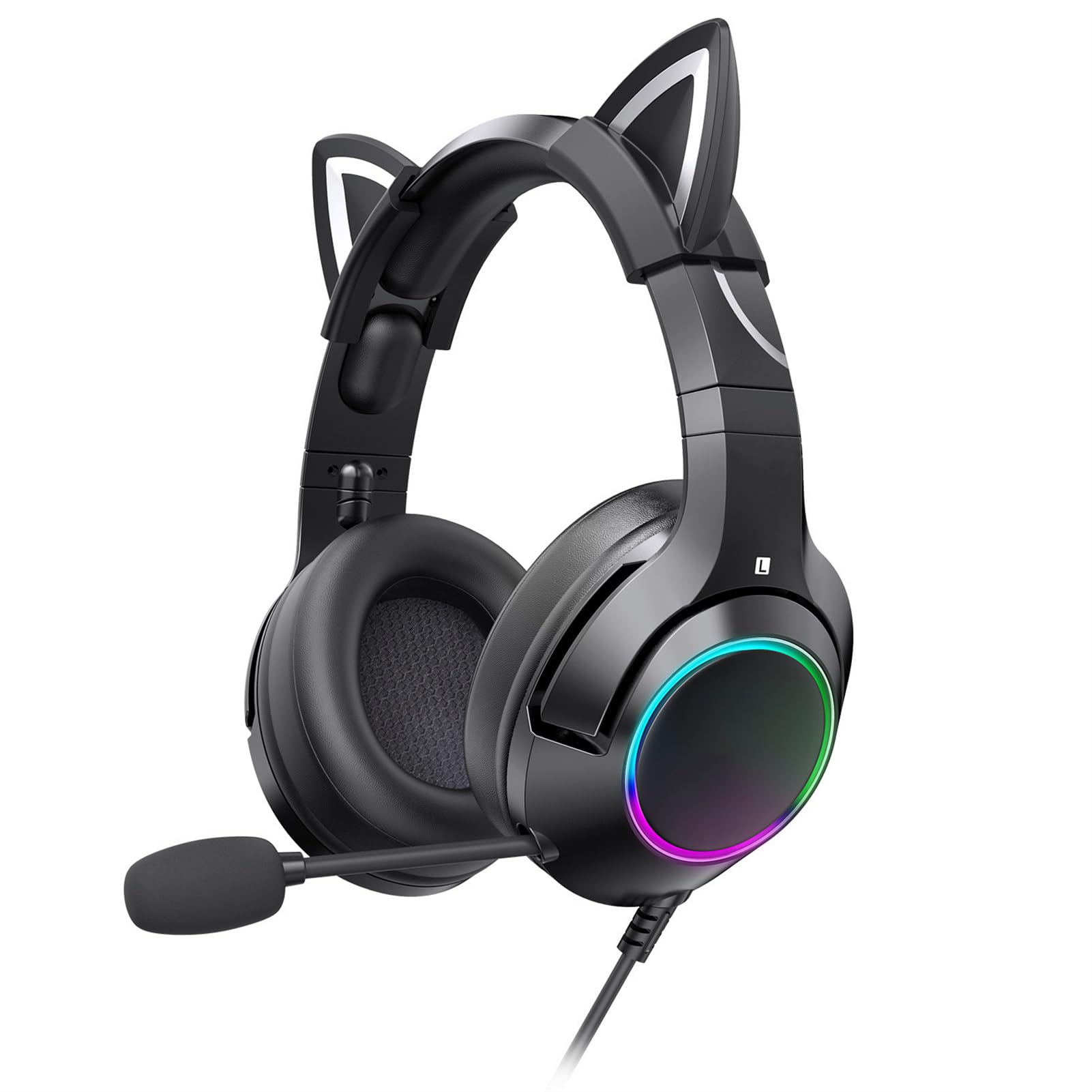 Gaming-Headset mit Mikrofon, abnehmbare Katzenohr-Kopfhörer, Katzenohr-Design mit RGB-Beleuchtung, Verstellbarer Kopfbügel-Kopfhörer 7.1 Surround Sound, leichte Over-Ear-Kopfhörer (Schwarzer