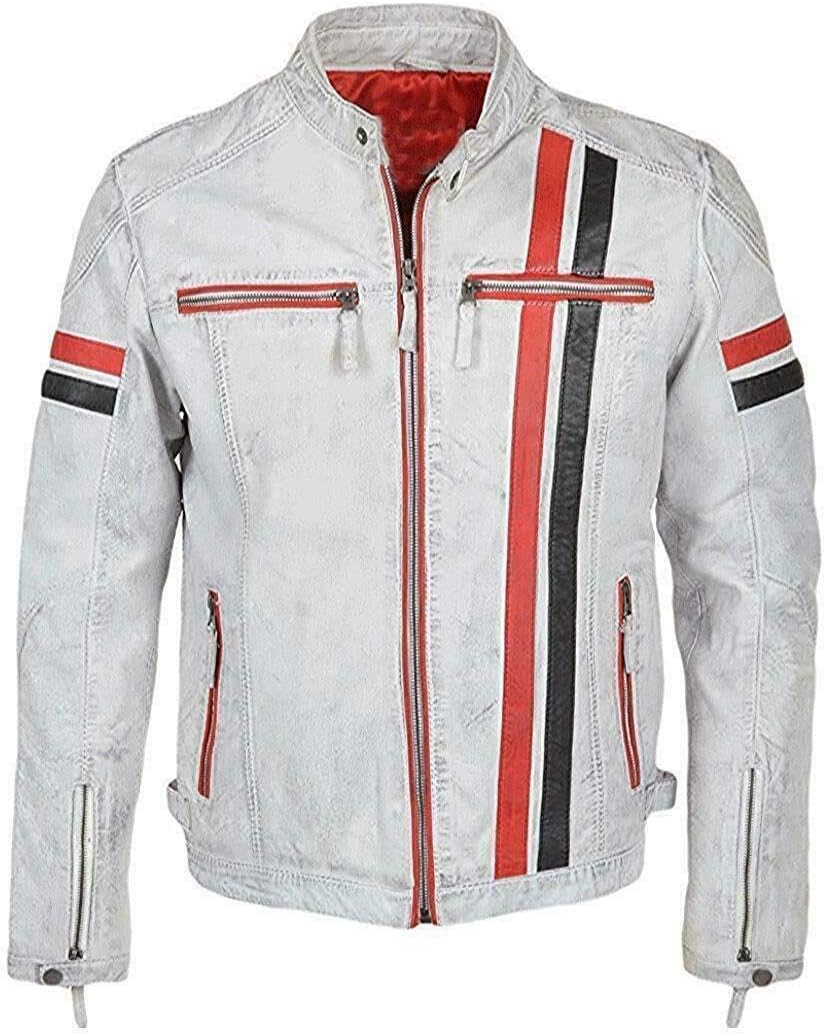 LIVEEVIL Men's Cafe Racer Motorcycle Jacket - Real Lambskin Distressed Leather Slim Fit Vintage Biker Jackets for Men