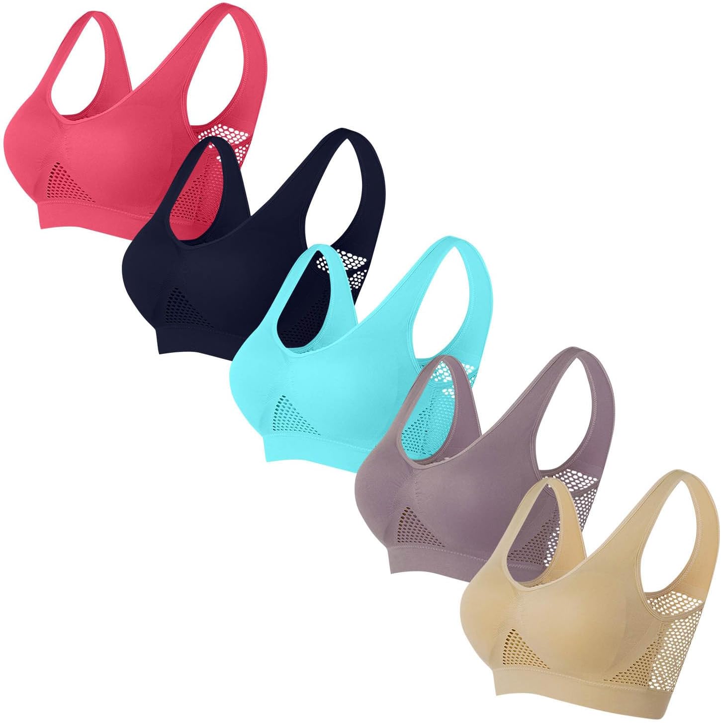 Sports Bras for Women 5 Pack Full Coverage Pushup Breathable Bras Seamless Wireless Yoga Bra Casual Athletic Bra